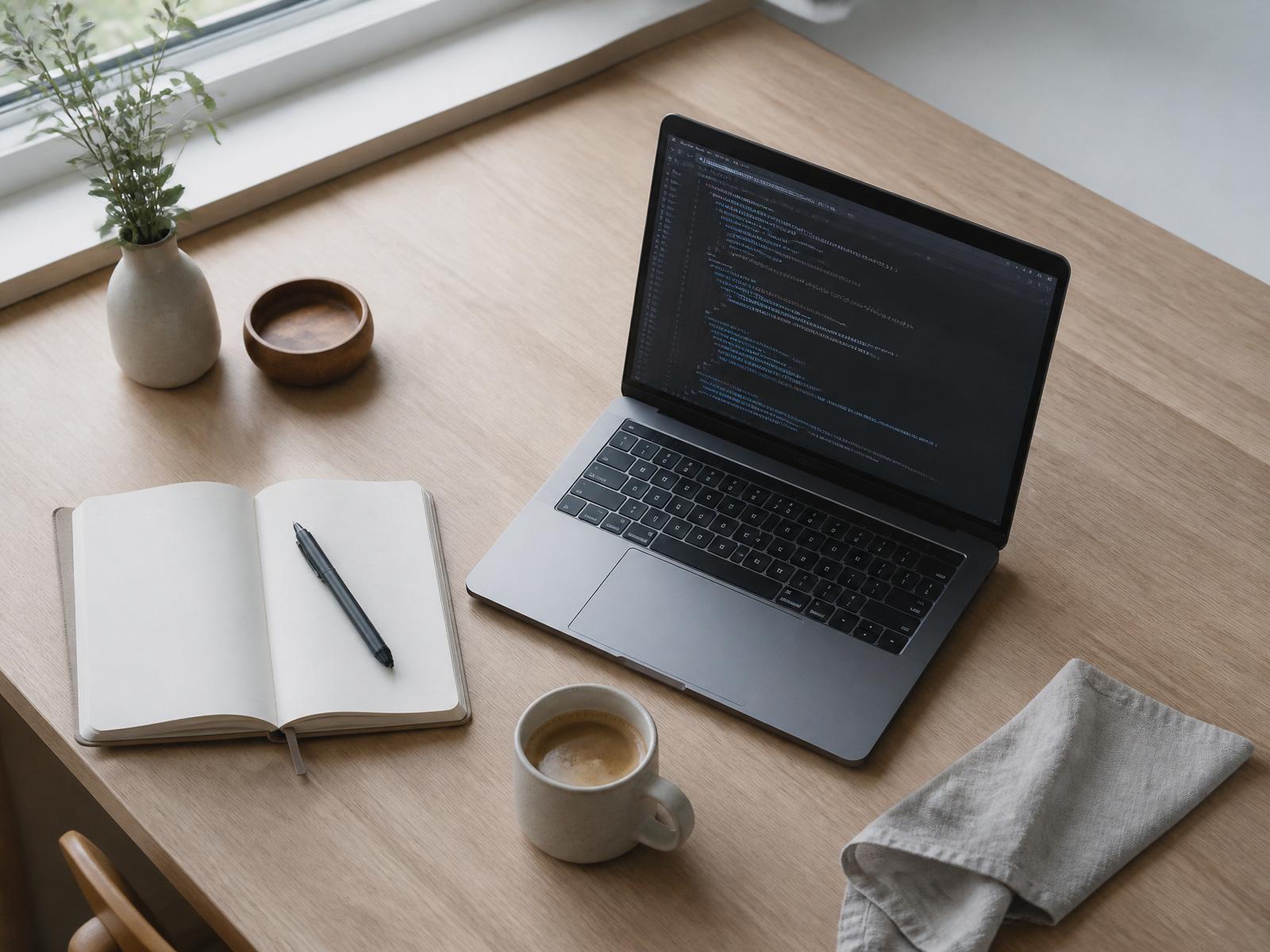 Arbejdsbord med laptop, notesbog og kaffe — hverdagen hos Nordkyst Studio
